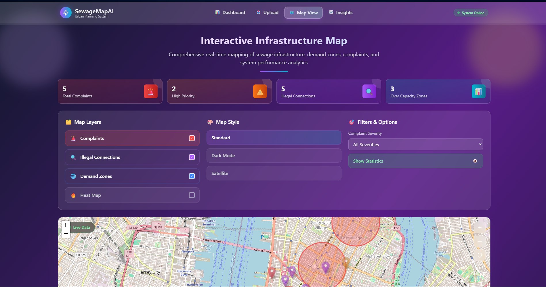 SewageMapAI satellite infrastructure analysis dashboard